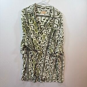 Noa Noa Mens XL Olive Green White Batik Tribal Print Short Sleeve Button Shirt